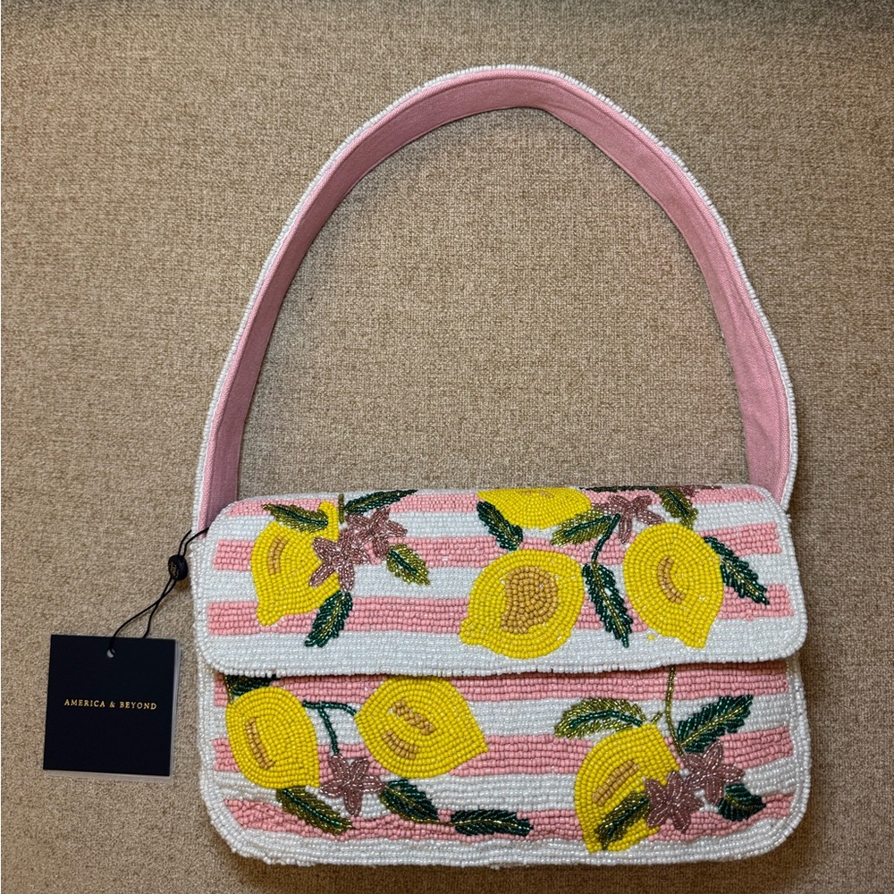 NWT America and & Beyond Lemon Lemonade Pink White Striped Beaded Shoulder Bag